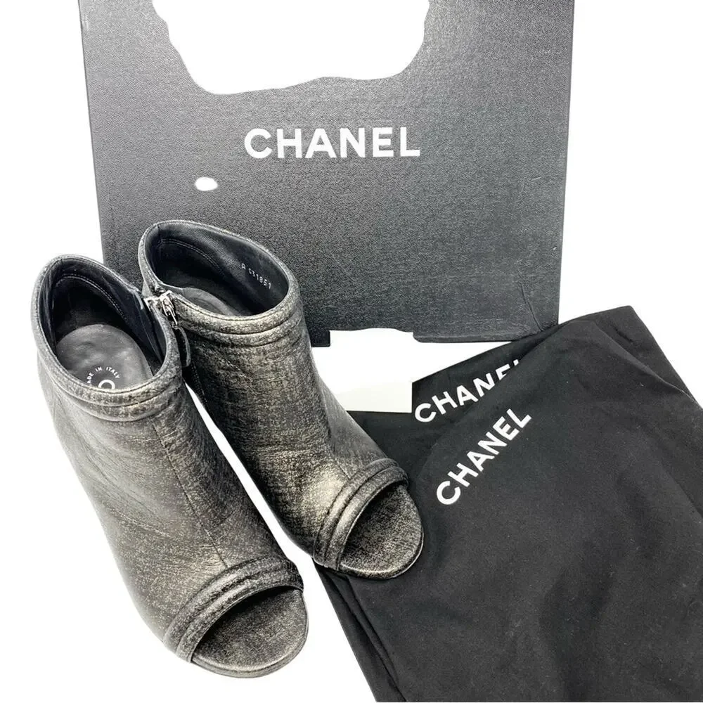 Chanel CC Logo Gold Black Leather Peep Toe Wedge Booties Size 38.5 w box